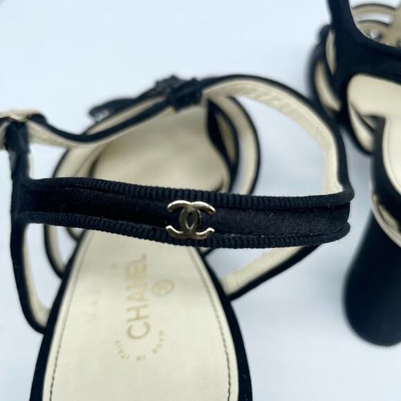 CHANEL Black leather/ Satin caged pearl embellished bow block heel sandals EU40 - Picture 8 of 14